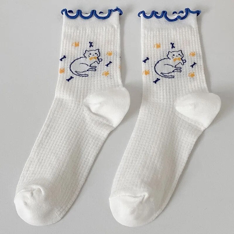 CUTE KITTEN SOCKS / Mini Flower Cat Ruffles / Cute Pretty Aesthetic / Teen Women Gift / Unique / Blue White / Kawaii Ins / Pets Clouds Paws