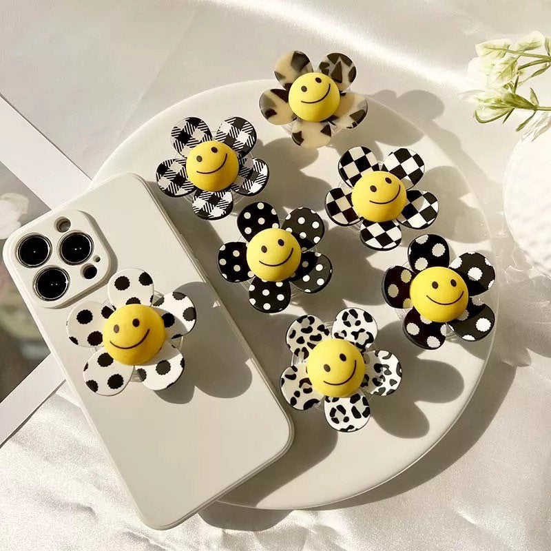 SMILEY FLOWER / Phone Grip / Socket Stand / Polka Dot / Happy Face / Trendy iPhone Charm / Floral / Cute Kawaii / Black + White / Checkered