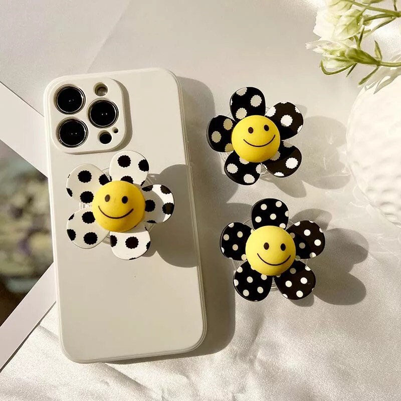 SMILEY FLOWER / Phone Grip / Socket Stand / Polka Dot / Happy Face / Trendy iPhone Charm / Floral / Cute Kawaii / Black + White / Checkered