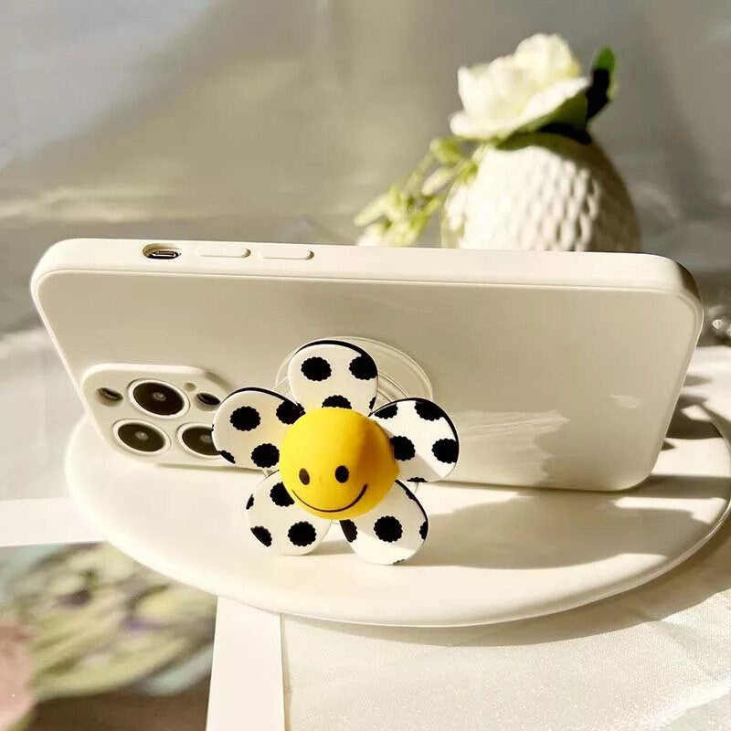 SMILEY FLOWER / Phone Grip / Socket Stand / Polka Dot / Happy Face / Trendy iPhone Charm / Floral / Cute Kawaii / Black + White / Checkered