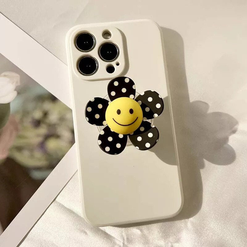 SMILEY FLOWER / Phone Grip / Socket Stand / Polka Dot / Happy Face / Trendy iPhone Charm / Floral / Cute Kawaii / Black + White / Checkered