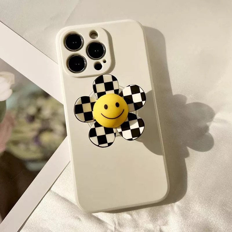 SMILEY FLOWER / Phone Grip / Socket Stand / Polka Dot / Happy Face / Trendy iPhone Charm / Floral / Cute Kawaii / Black + White / Checkered