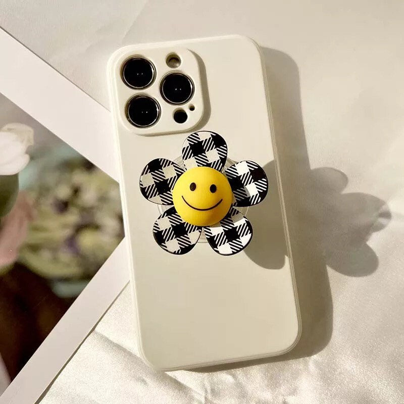 SMILEY FLOWER / Phone Grip / Socket Stand / Polka Dot / Happy Face / Trendy iPhone Charm / Floral / Cute Kawaii / Black + White / Checkered