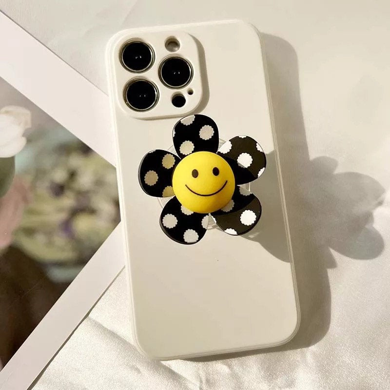 SMILEY FLOWER / Phone Grip / Socket Stand / Polka Dot / Happy Face / Trendy iPhone Charm / Floral / Cute Kawaii / Black + White / Checkered