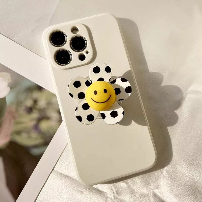 SMILEY FLOWER / Phone Grip / Socket Stand / Polka Dot / Happy Face / Trendy iPhone Charm / Floral / Cute Kawaii / Black + White / Checkered