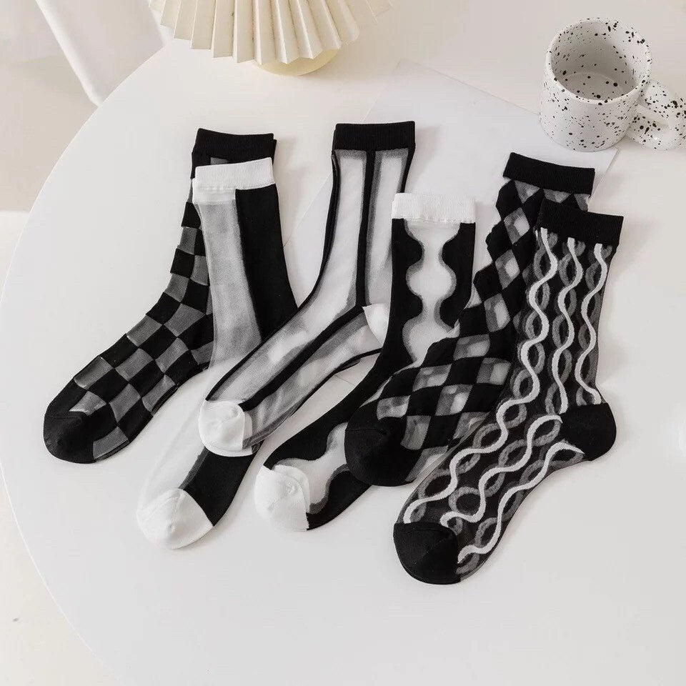 BLACK + WHITE PATTERNS / See Thru Socks / Minimal / Striped / Aesthetic / Checkered Mesh / Fashion / Trendy Funky / Teen Gift / Kawaii Sexy