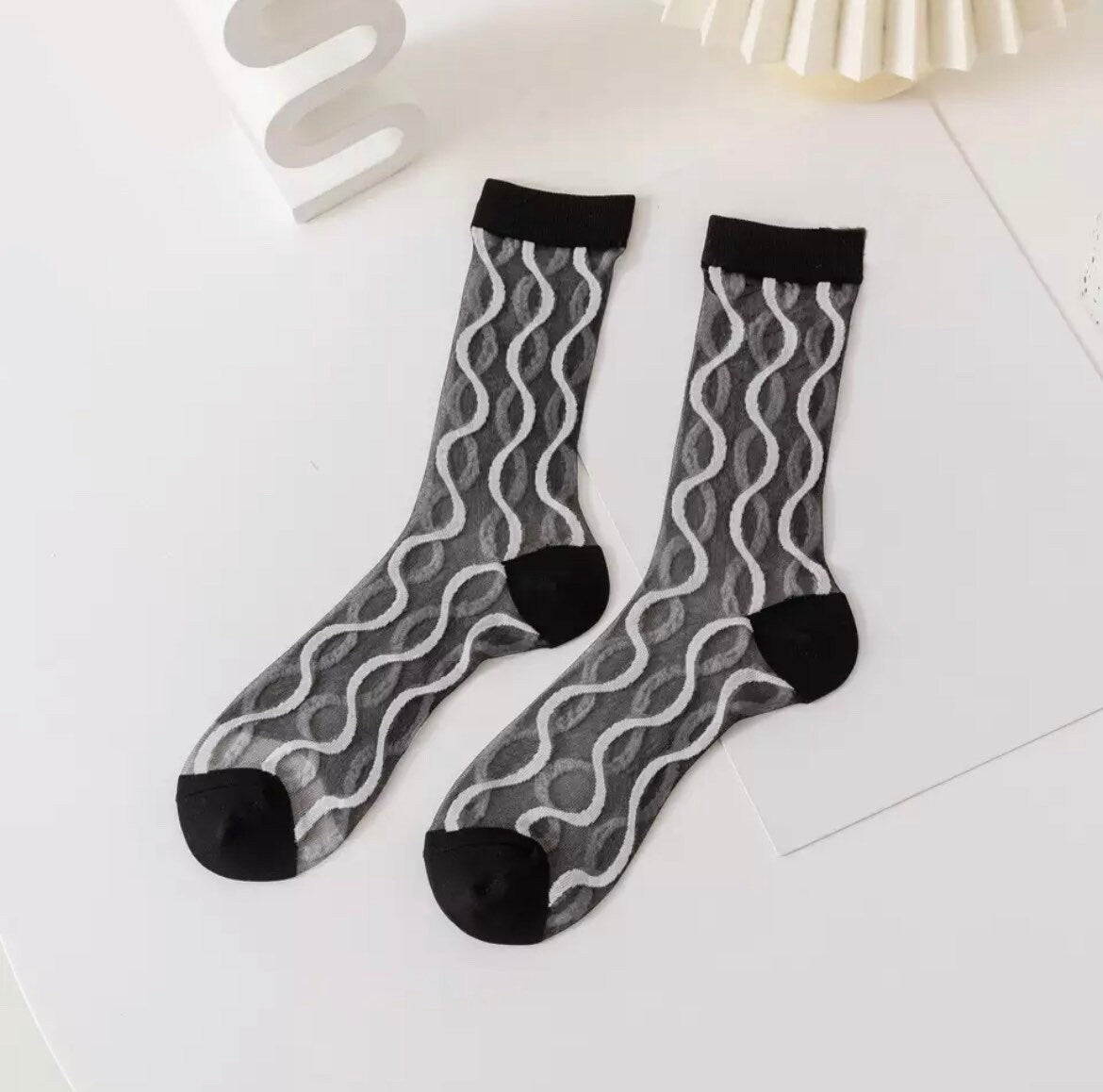 BLACK + WHITE PATTERNS / See Thru Socks / Minimal / Striped / Aesthetic / Checkered Mesh / Fashion / Trendy Funky / Teen Gift / Kawaii Sexy