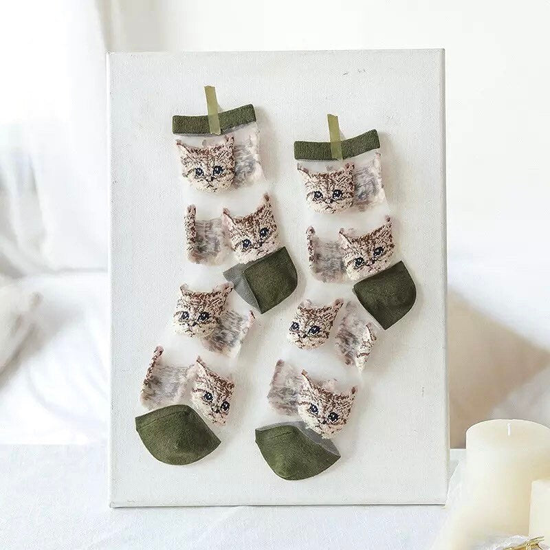 CAT SOCKS / See Thru Kitten Print / Aesthetic / Mesh / Fashion / Trendy / Patterned / Ins / Transparent / Gift / Womens / Unique / Kawaii