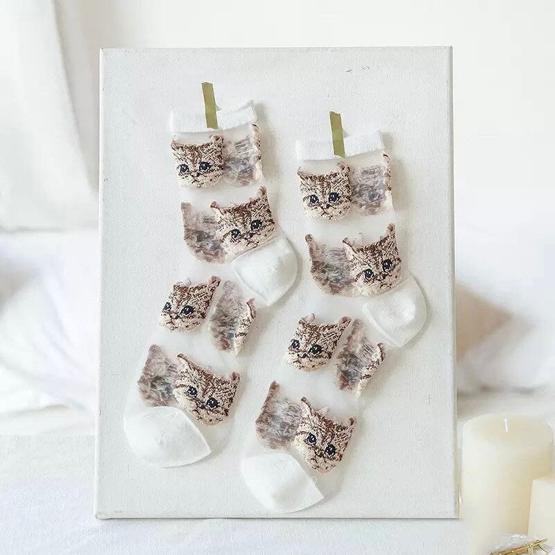 CAT SOCKS / See Thru Kitten Print / Aesthetic / Mesh / Fashion / Trendy / Patterned / Ins / Transparent / Gift / Womens / Unique / Kawaii