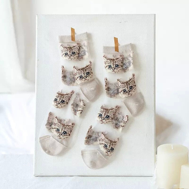 CAT SOCKS / See Thru Kitten Print / Aesthetic / Mesh / Fashion / Trendy / Patterned / Ins / Transparent / Gift / Womens / Unique / Kawaii