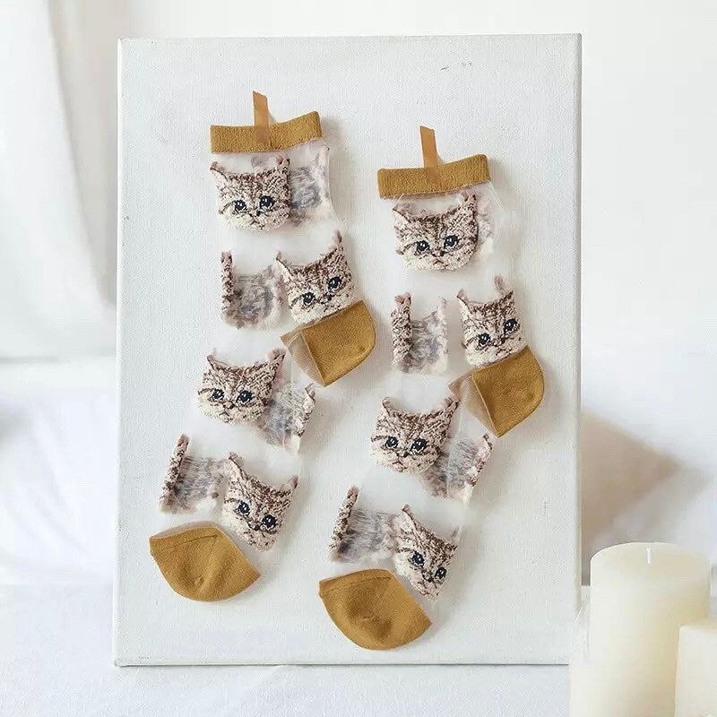 CAT SOCKS / See Thru Kitten Print / Aesthetic / Mesh / Fashion / Trendy / Patterned / Ins / Transparent / Gift / Womens / Unique / Kawaii