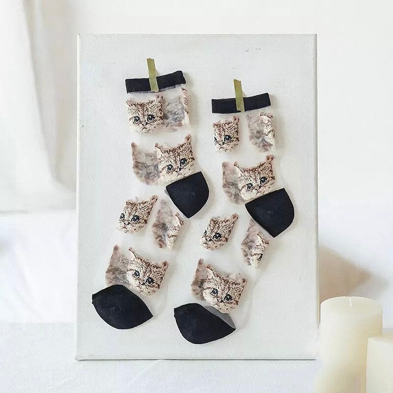 CAT SOCKS / See Thru Kitten Print / Aesthetic / Mesh / Fashion / Trendy / Patterned / Ins / Transparent / Gift / Womens / Unique / Kawaii