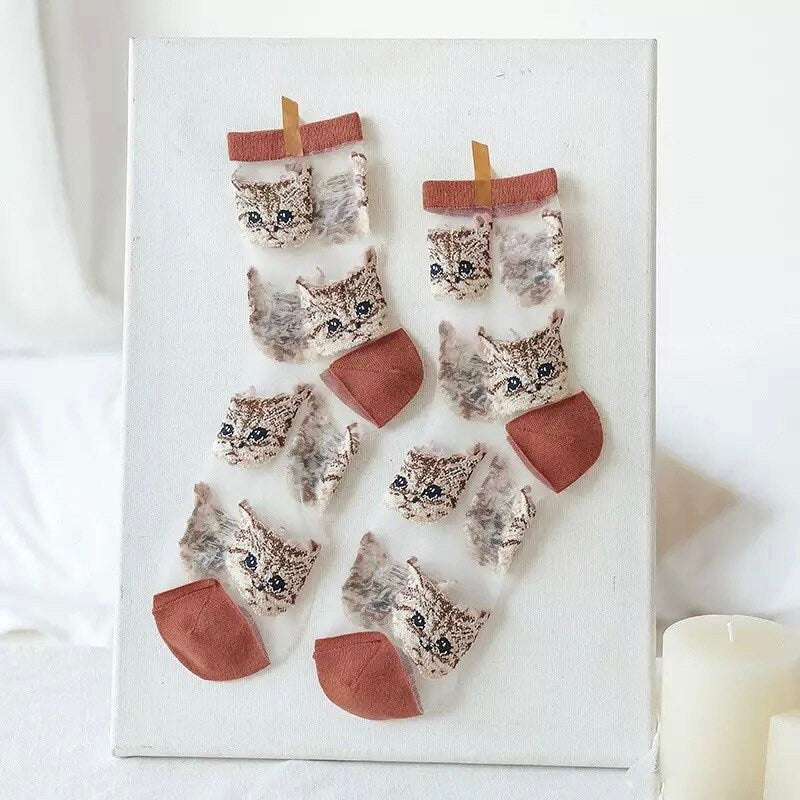 CAT SOCKS / See Thru Kitten Print / Aesthetic / Mesh / Fashion / Trendy / Patterned / Ins / Transparent / Gift / Womens / Unique / Kawaii