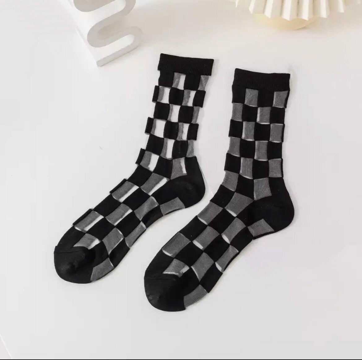 BLACK + WHITE PATTERNS / See Thru Socks / Minimal / Striped / Aesthetic / Checkered Mesh / Fashion / Trendy Funky / Teen Gift / Kawaii Sexy