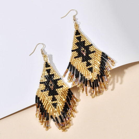 BOHO FRINGE EARRINGS / Beaded / Drop / Dangle / Southwestern / Trendy / Stylish / Beautiful / Gift / Bohemian / Tribal / Ethnic / Black Gold