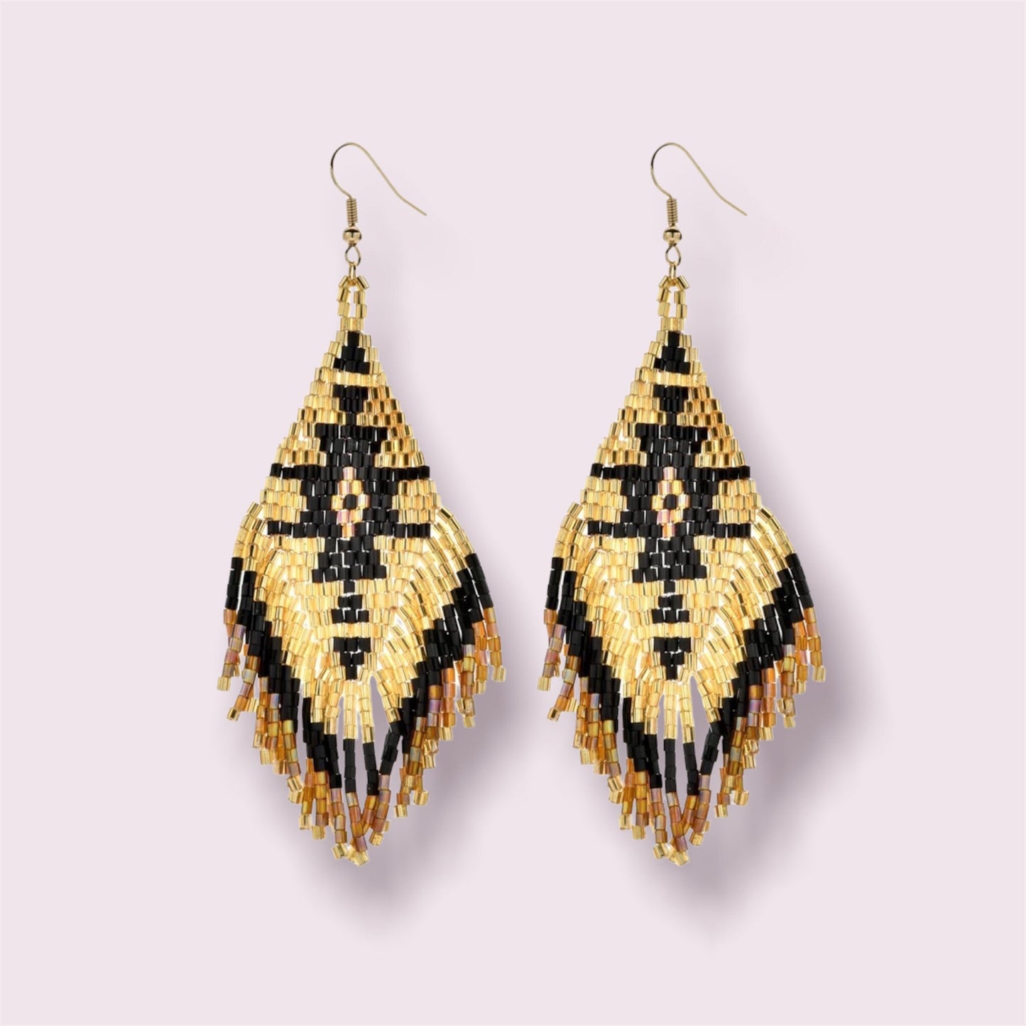 BOHO FRINGE EARRINGS / Beaded / Drop / Dangle / Southwestern / Trendy / Stylish / Beautiful / Gift / Bohemian / Tribal / Ethnic / Black Gold