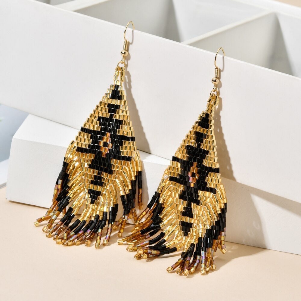 BOHO FRINGE EARRINGS / Beaded / Drop / Dangle / Southwestern / Trendy / Stylish / Beautiful / Gift / Bohemian / Tribal / Ethnic / Black Gold