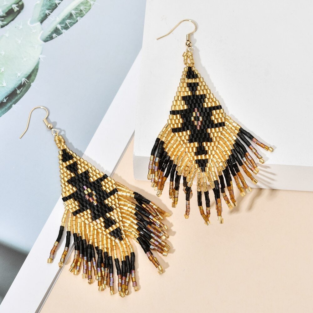 BOHO FRINGE EARRINGS / Beaded / Drop / Dangle / Southwestern / Trendy / Stylish / Beautiful / Gift / Bohemian / Tribal / Ethnic / Black Gold