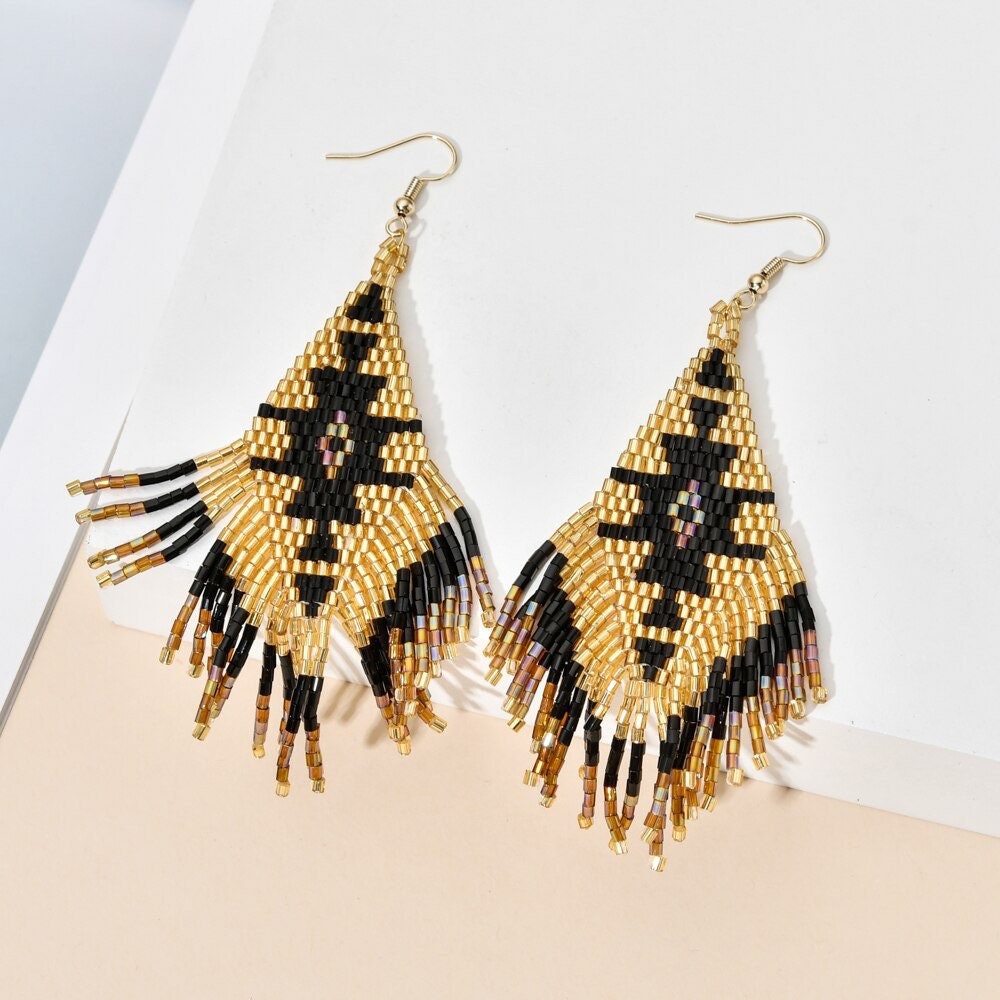 BOHO FRINGE EARRINGS / Beaded / Drop / Dangle / Southwestern / Trendy / Stylish / Beautiful / Gift / Bohemian / Tribal / Ethnic / Black Gold