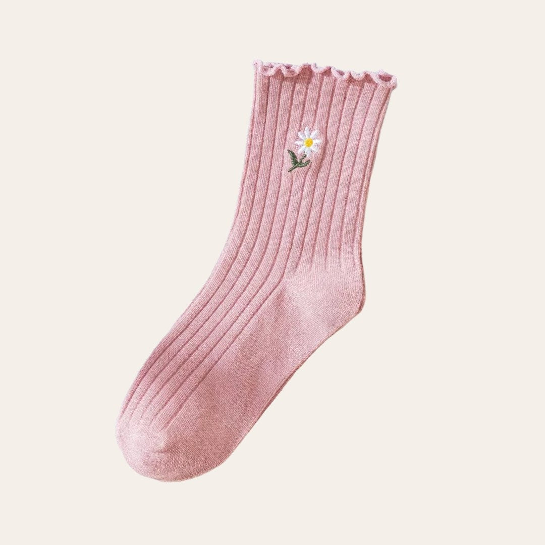 DAISY RUFFLE SOCKS / Mini Embroidered Flower / Cute Pretty Aesthetic / Teen Women Gift / Unique / Pastel Solid Colors / Ribbed / Kawaii Ins