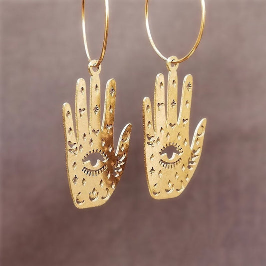 GOLD PALMISTRY EARRINGS / Evil Eye / Hands / Artistic / Aesthetic / Dangle / Drop / Trendy / Unique / Tarot / Magic Moon / Party / Statement