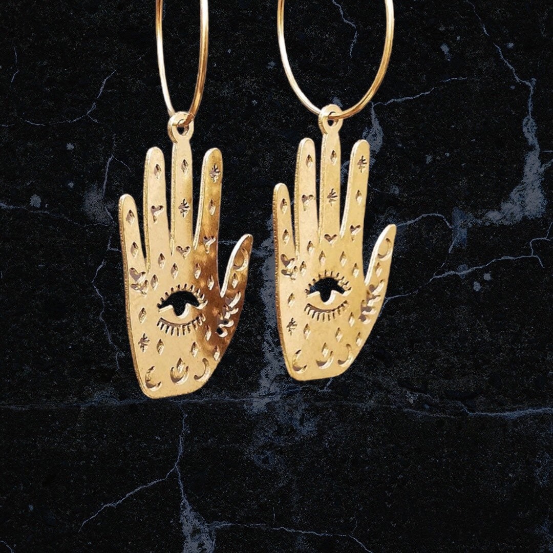 GOLD PALMISTRY EARRINGS / Evil Eye / Hands / Artistic / Aesthetic / Dangle / Drop / Trendy / Unique / Tarot / Magic Moon / Party / Statement