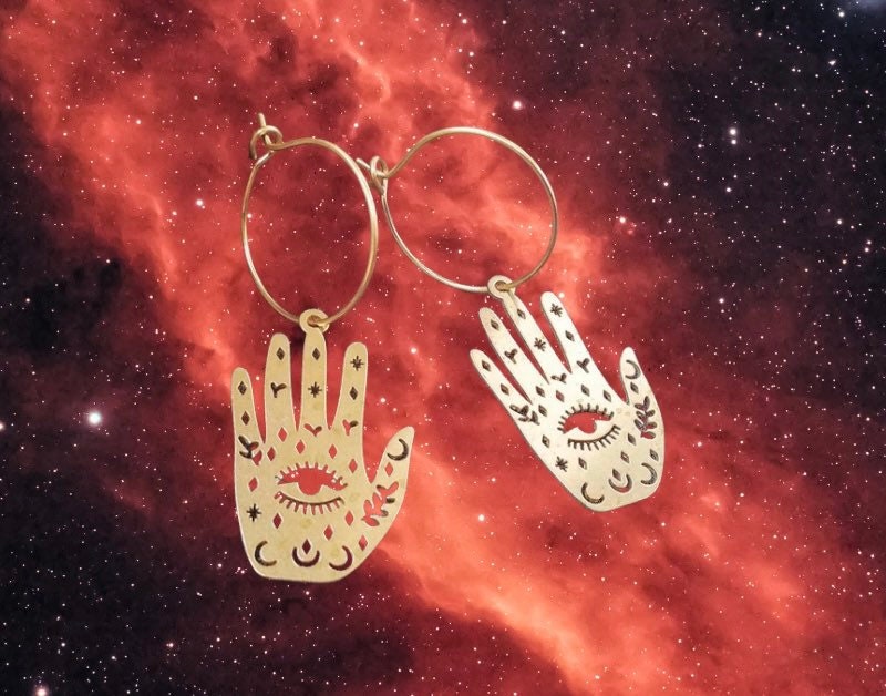 GOLD PALMISTRY EARRINGS / Evil Eye / Hands / Artistic / Aesthetic / Dangle / Drop / Trendy / Unique / Tarot / Magic Moon / Party / Statement