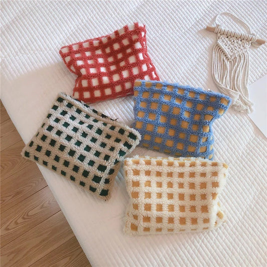 FUZZY CHECKERED POUCH / Cosmetic Bag / Retro Zip Clutch / Purse / Aesthetic / Unique / School Storage / Make Up / Cute / Organizer / Gift