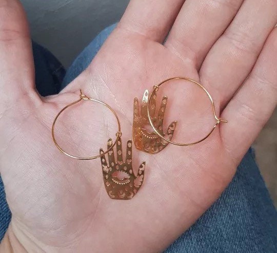 GOLD PALMISTRY EARRINGS / Evil Eye / Hands / Artistic / Aesthetic / Dangle / Drop / Trendy / Unique / Tarot / Magic Moon / Party / Statement