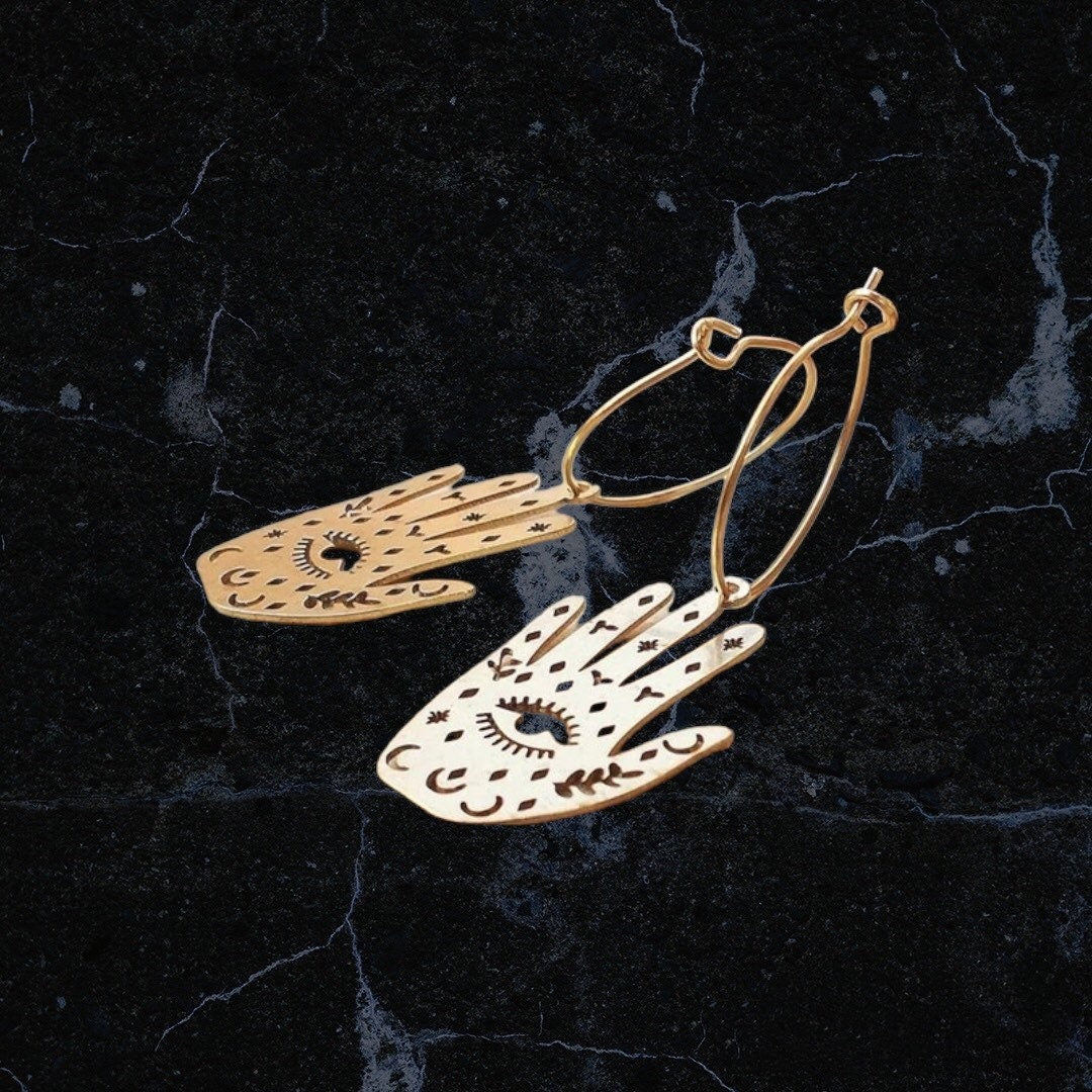 GOLD PALMISTRY EARRINGS / Evil Eye / Hands / Artistic / Aesthetic / Dangle / Drop / Trendy / Unique / Tarot / Magic Moon / Party / Statement