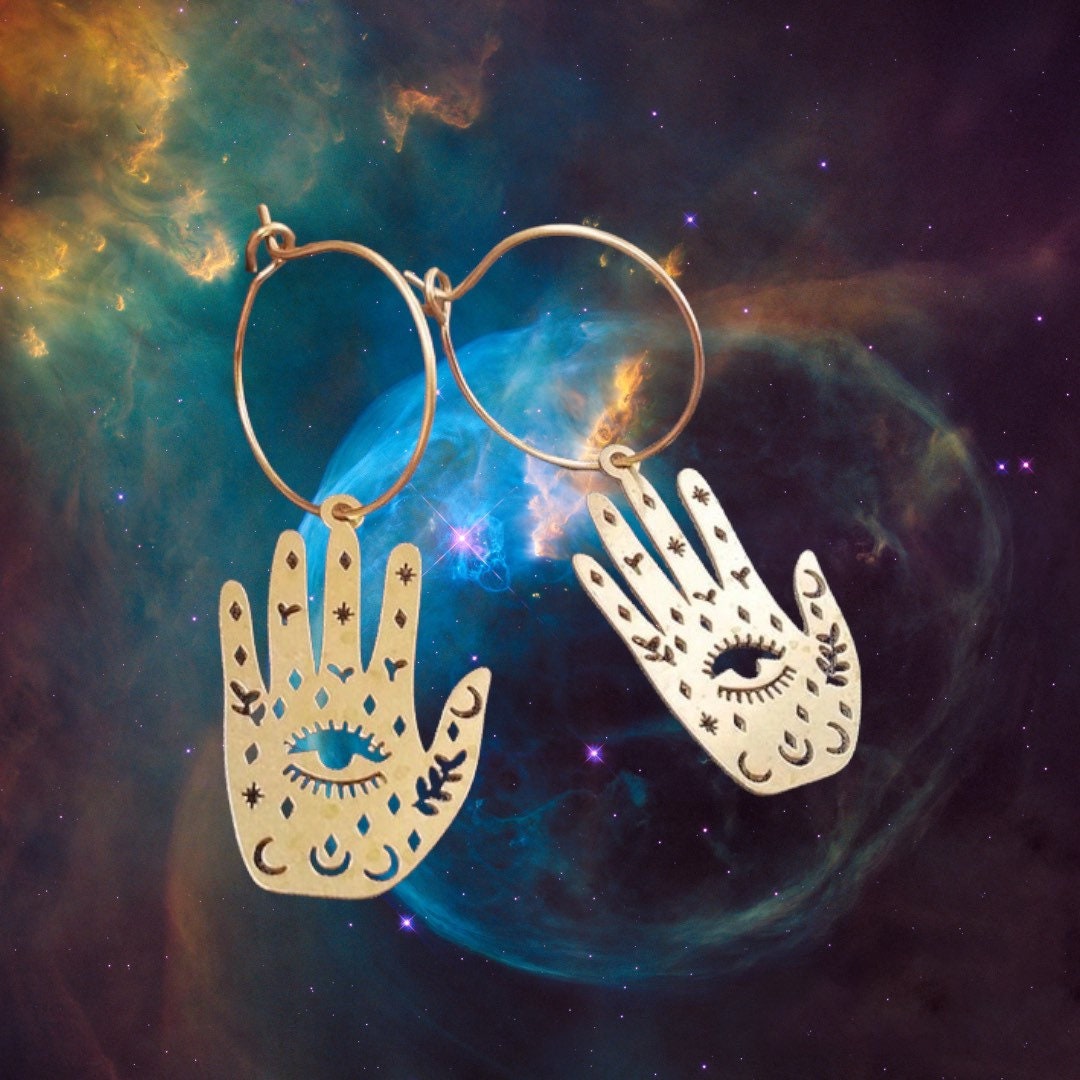 GOLD PALMISTRY EARRINGS / Evil Eye / Hands / Artistic / Aesthetic / Dangle / Drop / Trendy / Unique / Tarot / Magic Moon / Party / Statement