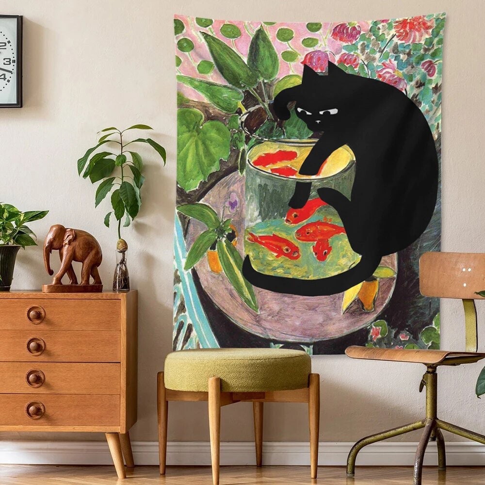 CURIOUS KITTY / Tapestry / Wall Hanging / Cat & Goldfish / Aesthetic Room Decor / Tropical Plants / Art Painting Print / Dorm Bedroom / Gift