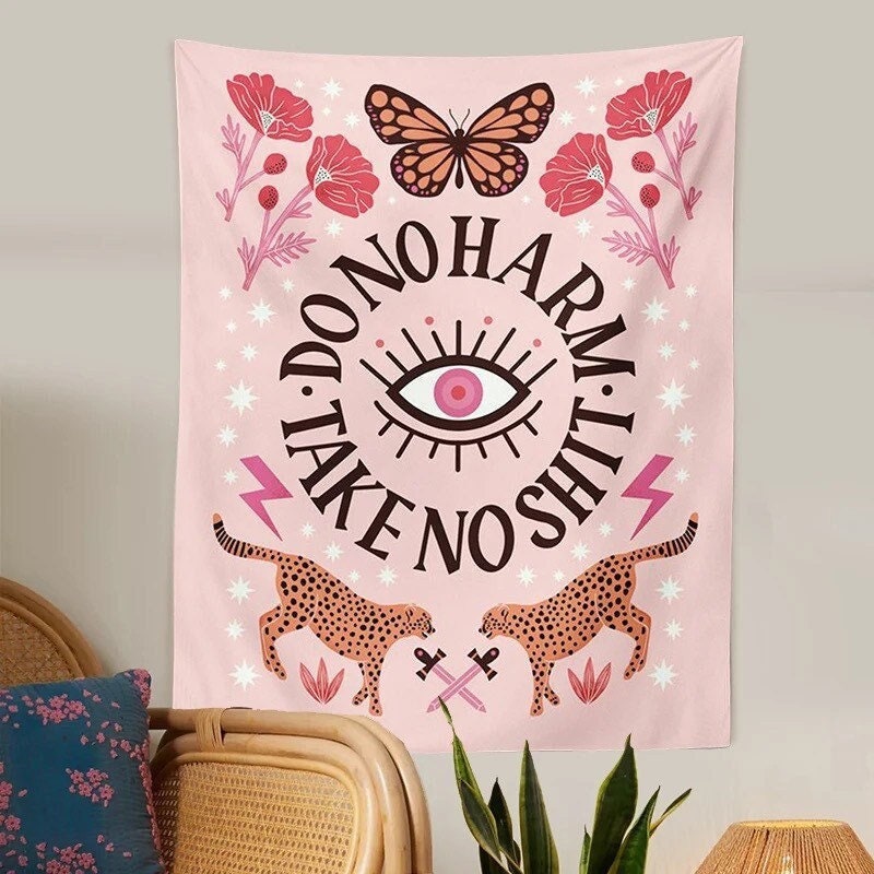 PINK INSPO TAPESTRY / Do No Harm Take No Shit / Wall Hanging / Room Decor / Leopard Butterfly Flowers / Aesthetic Art / Evil Eye / Kawaii