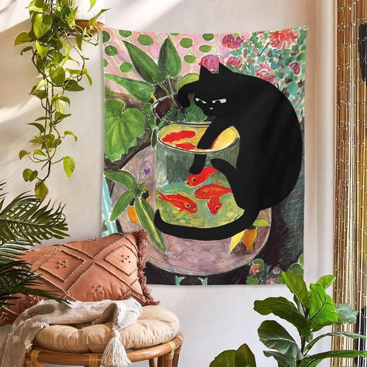 CURIOUS KITTY / Tapestry / Wall Hanging / Cat & Goldfish / Aesthetic Room Decor / Tropical Plants / Art Painting Print / Dorm Bedroom / Gift