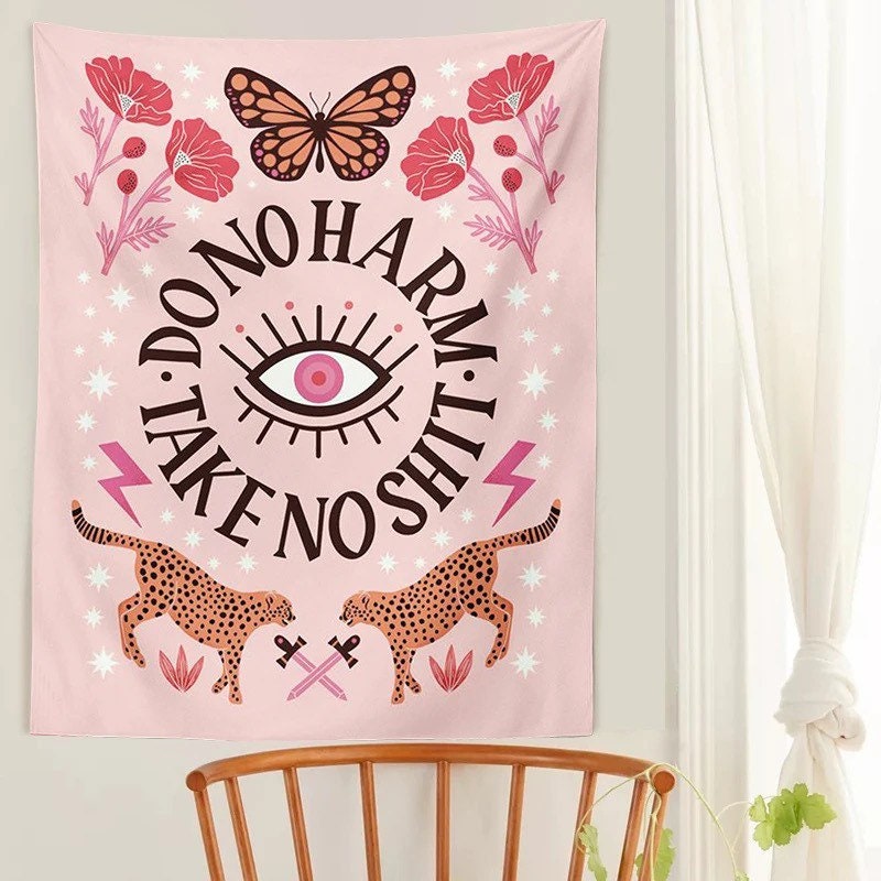 PINK INSPO TAPESTRY / Do No Harm Take No Shit / Wall Hanging / Room Decor / Leopard Butterfly Flowers / Aesthetic Art / Evil Eye / Kawaii