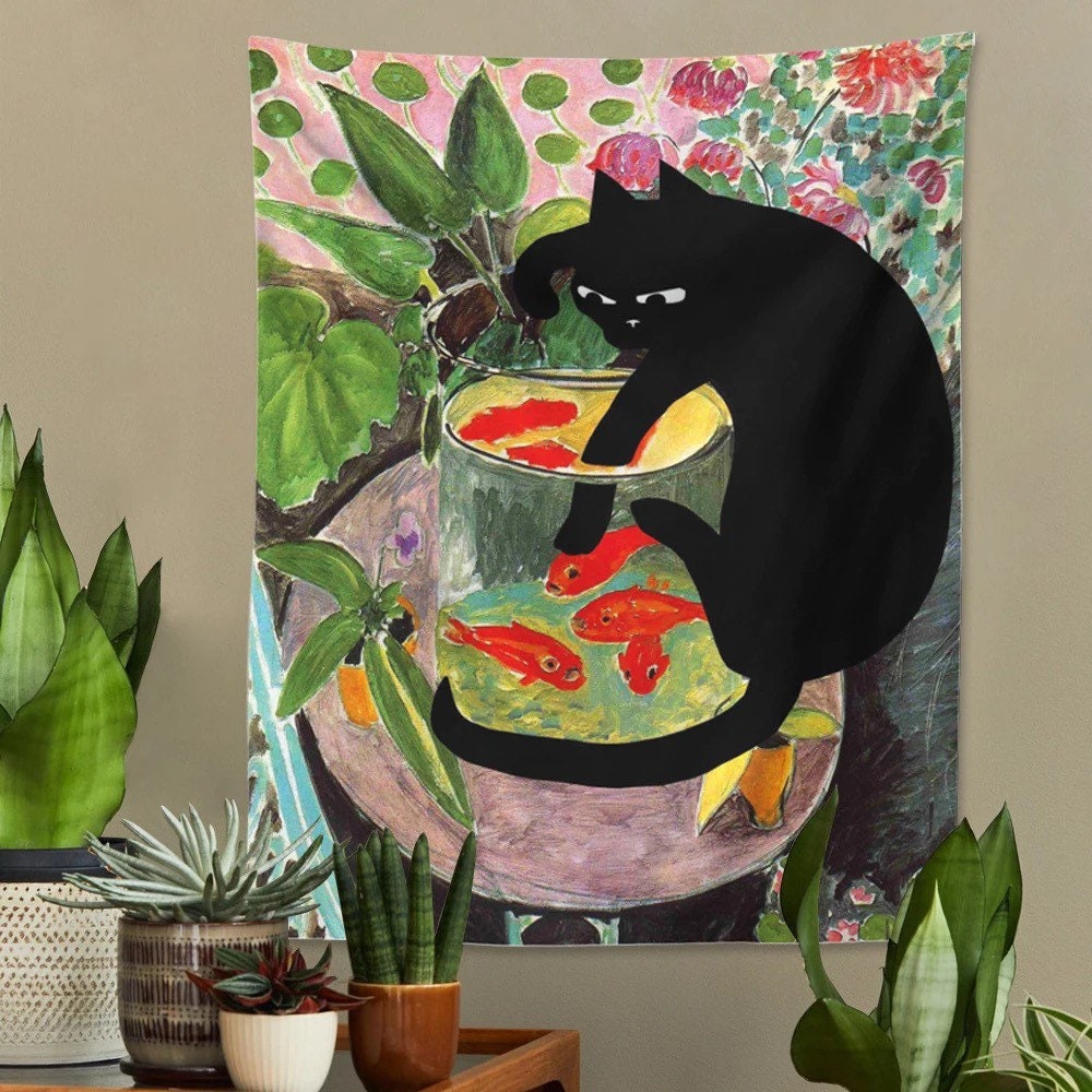 CURIOUS KITTY / Tapestry / Wall Hanging / Cat & Goldfish / Aesthetic Room Decor / Tropical Plants / Art Painting Print / Dorm Bedroom / Gift