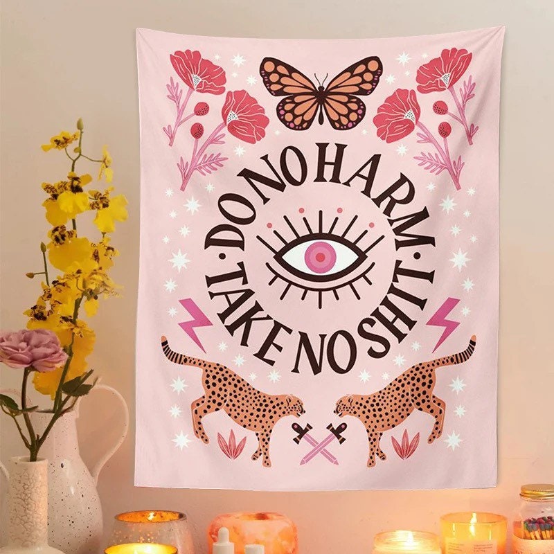 PINK INSPO TAPESTRY / Do No Harm Take No Shit / Wall Hanging / Room Decor / Leopard Butterfly Flowers / Aesthetic Art / Evil Eye / Kawaii