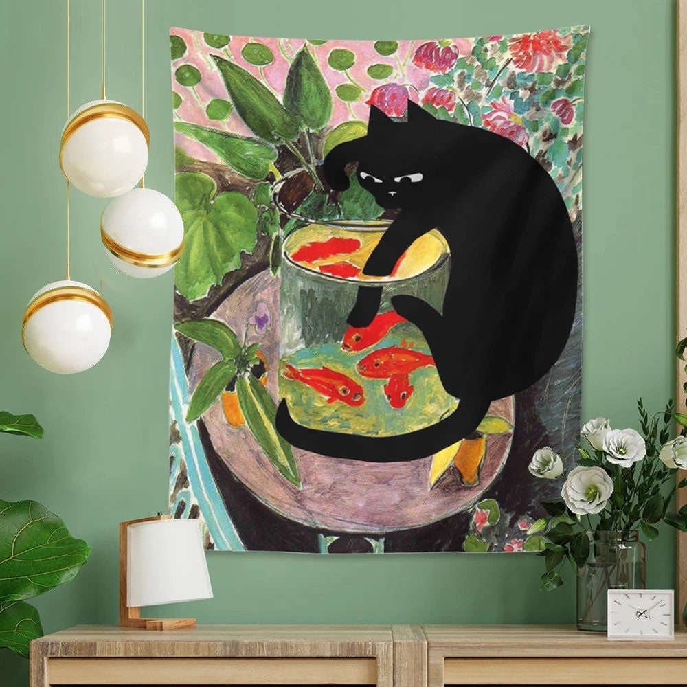 CURIOUS KITTY / Tapestry / Wall Hanging / Cat & Goldfish / Aesthetic Room Decor / Tropical Plants / Art Painting Print / Dorm Bedroom / Gift