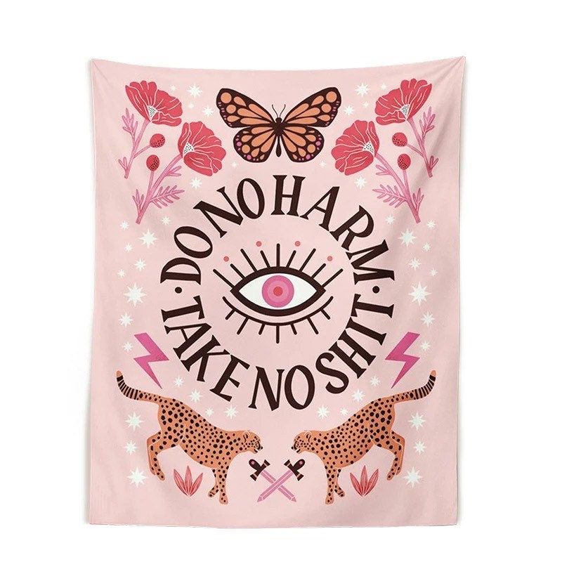 PINK INSPO TAPESTRY / Do No Harm Take No Shit / Wall Hanging / Room Decor / Leopard Butterfly Flowers / Aesthetic Art / Evil Eye / Kawaii