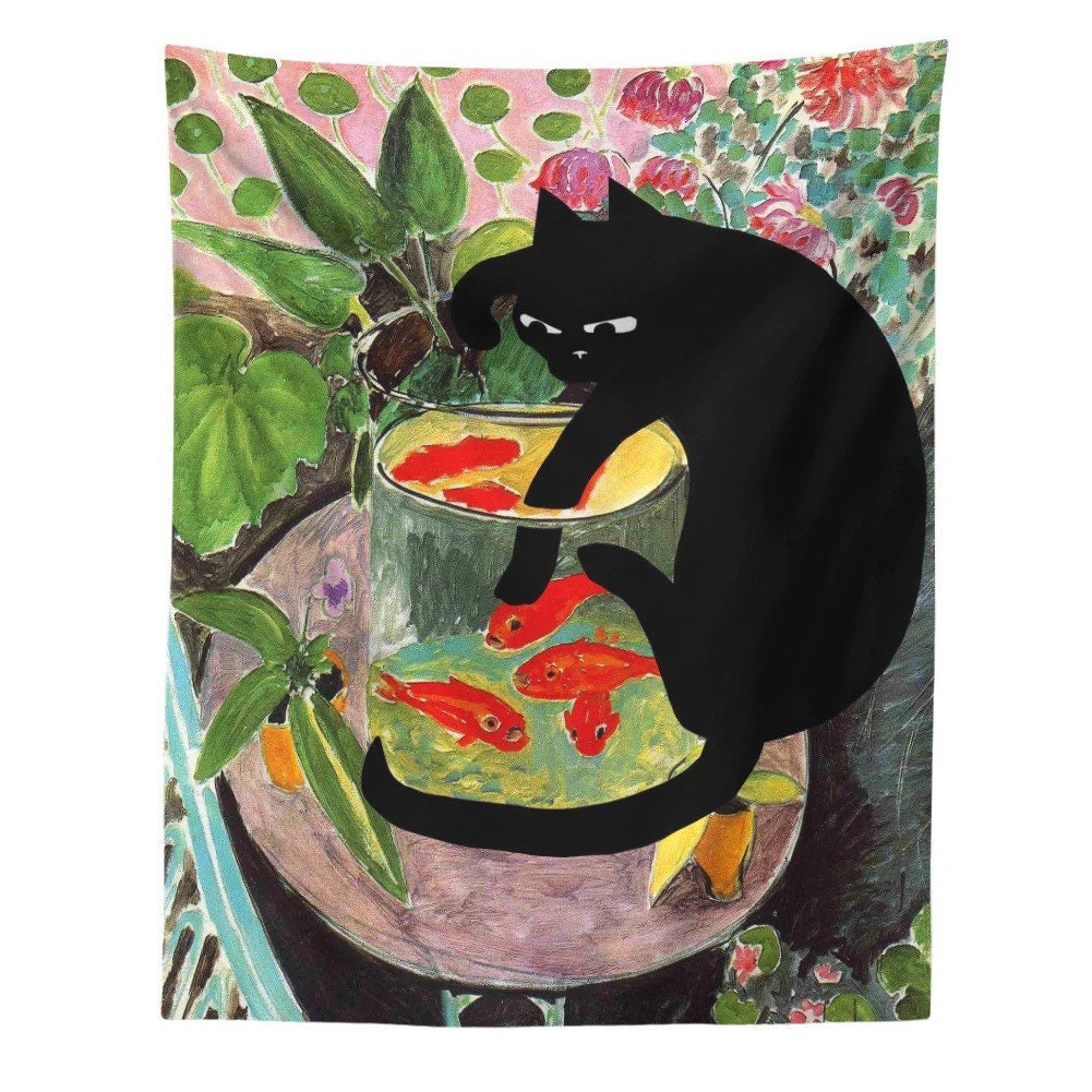 CURIOUS KITTY / Tapestry / Wall Hanging / Cat & Goldfish / Aesthetic Room Decor / Tropical Plants / Art Painting Print / Dorm Bedroom / Gift