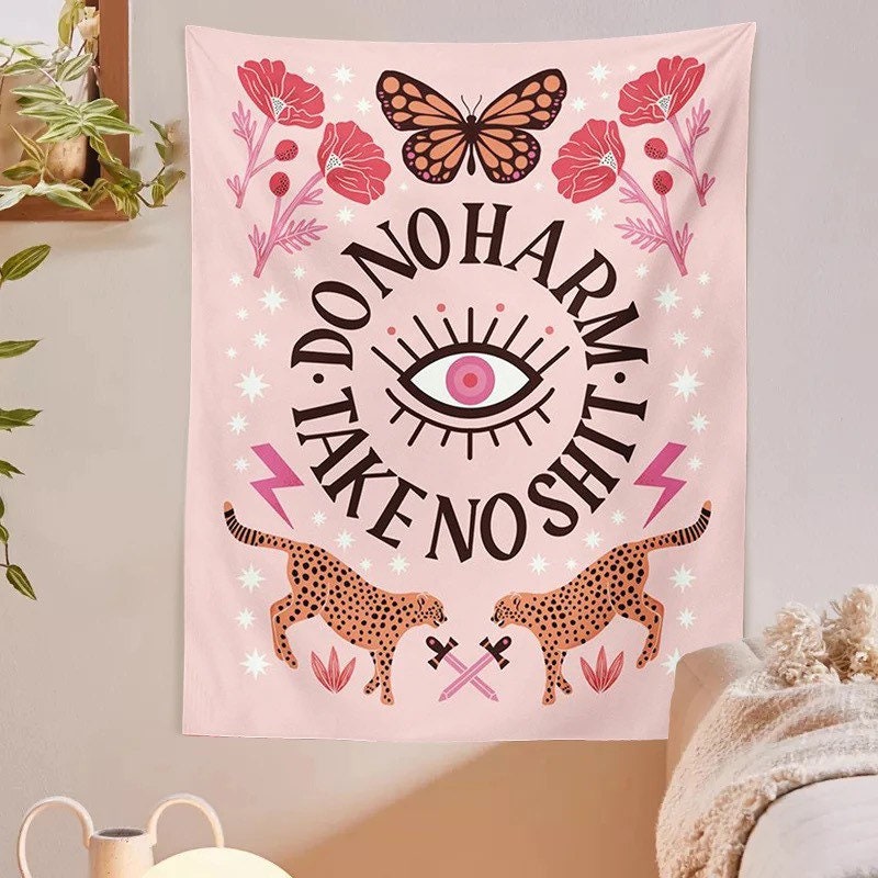 PINK INSPO TAPESTRY / Do No Harm Take No Shit / Wall Hanging / Room Decor / Leopard Butterfly Flowers / Aesthetic Art / Evil Eye / Kawaii