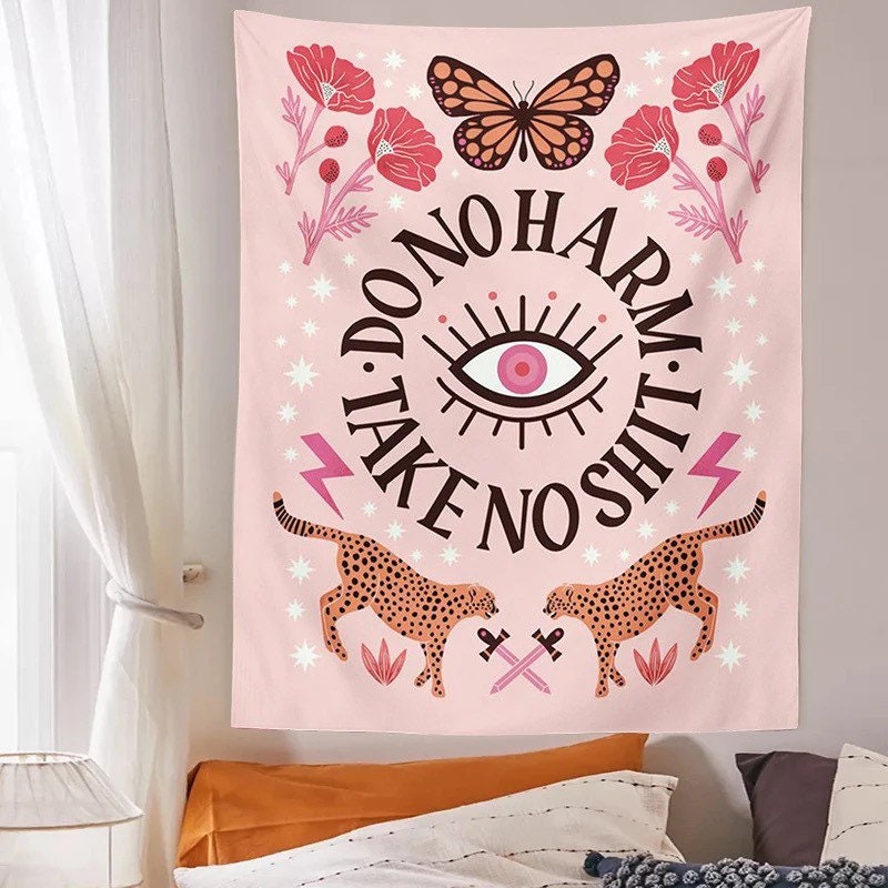 PINK INSPO TAPESTRY / Do No Harm Take No Shit / Wall Hanging / Room Decor / Leopard Butterfly Flowers / Aesthetic Art / Evil Eye / Kawaii