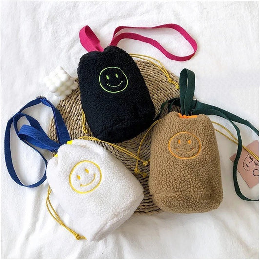 PLUSH SMILEY FACE / Drawstring Bag / Mini Purse / Colorful / Fun Backpack / 90s Accessories / Trendy Unique / Fuzzy Cute Kawaii / Teen Gift