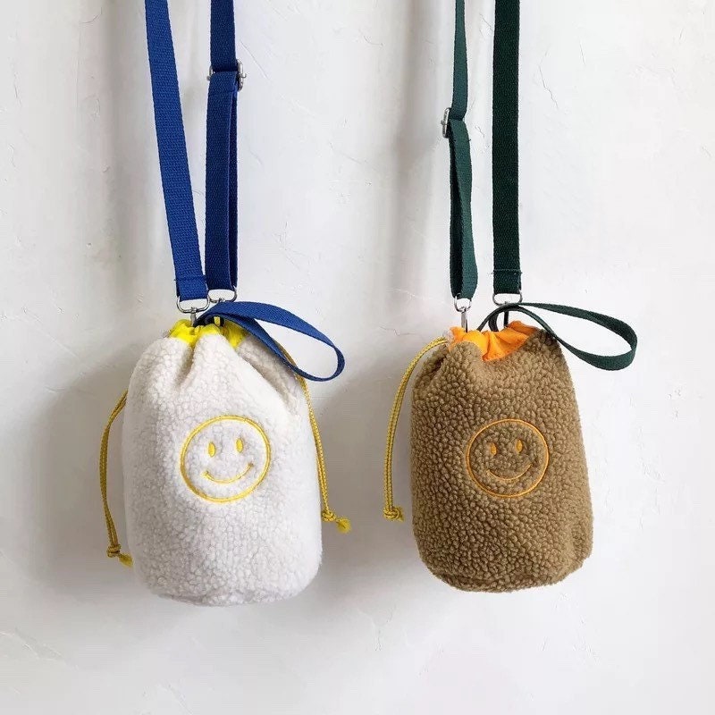 PLUSH SMILEY FACE / Drawstring Bag / Mini Purse / Colorful / Fun Backpack / 90s Accessories / Trendy Unique / Fuzzy Cute Kawaii / Teen Gift