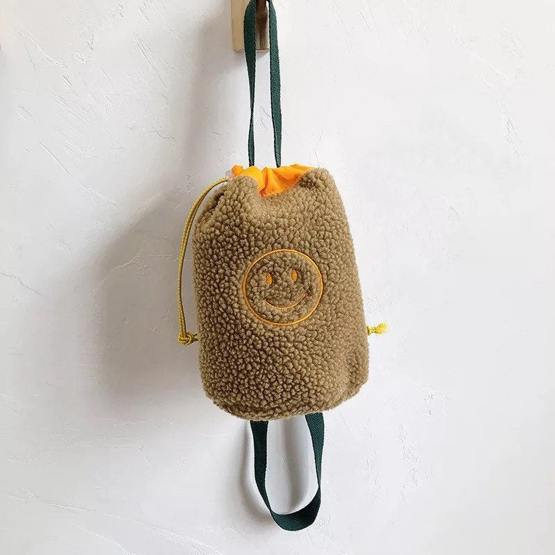 PLUSH SMILEY FACE / Drawstring Bag / Mini Purse / Colorful / Fun Backpack / 90s Accessories / Trendy Unique / Fuzzy Cute Kawaii / Teen Gift