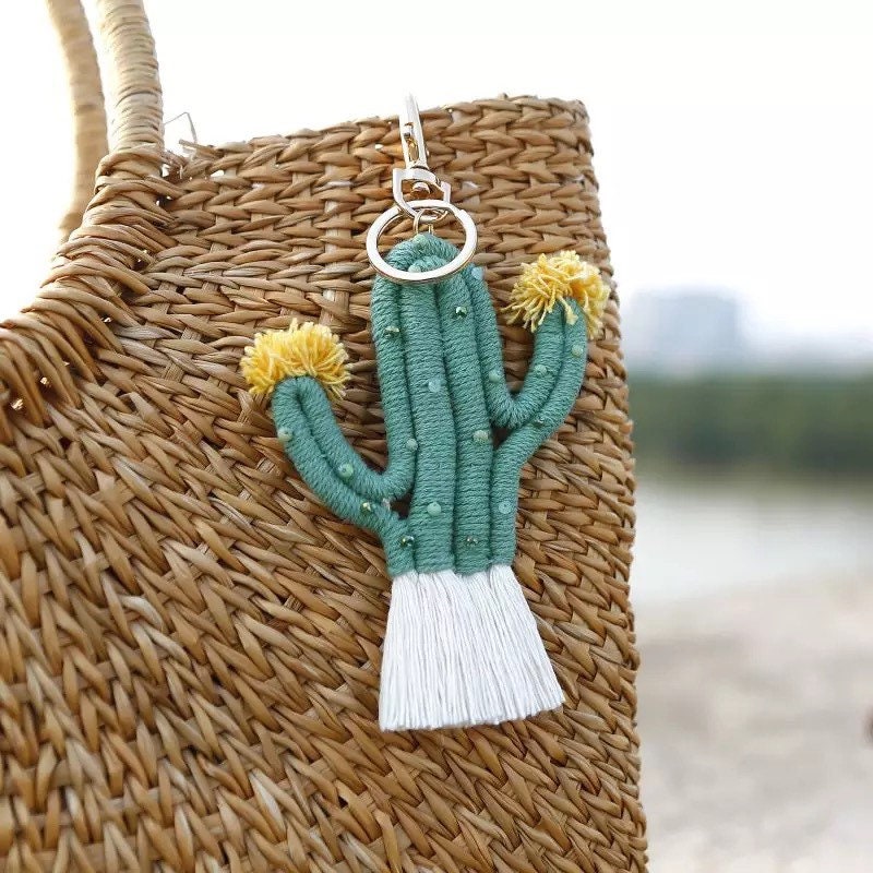 CACTUS KEY CHAIN / Bag Charm / Key Holder / Boho / Macrame / Trendy / Saguaro / Bohemian / Plush / Accessory / Gift / Tassel / Kids / Teen