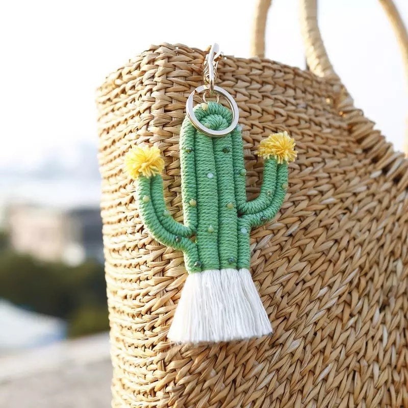 CACTUS KEY CHAIN / Bag Charm / Key Holder / Boho / Macrame / Trendy / Saguaro / Bohemian / Plush / Accessory / Gift / Tassel / Kids / Teen